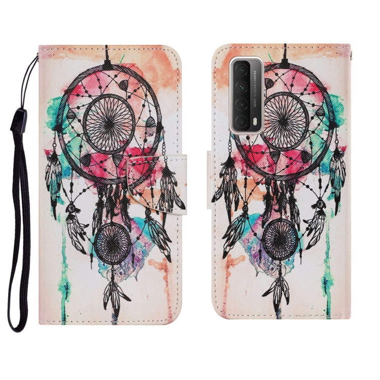 PU leather flip phone wallet case with multicolor dreamcatcher design, lanyard strap.
