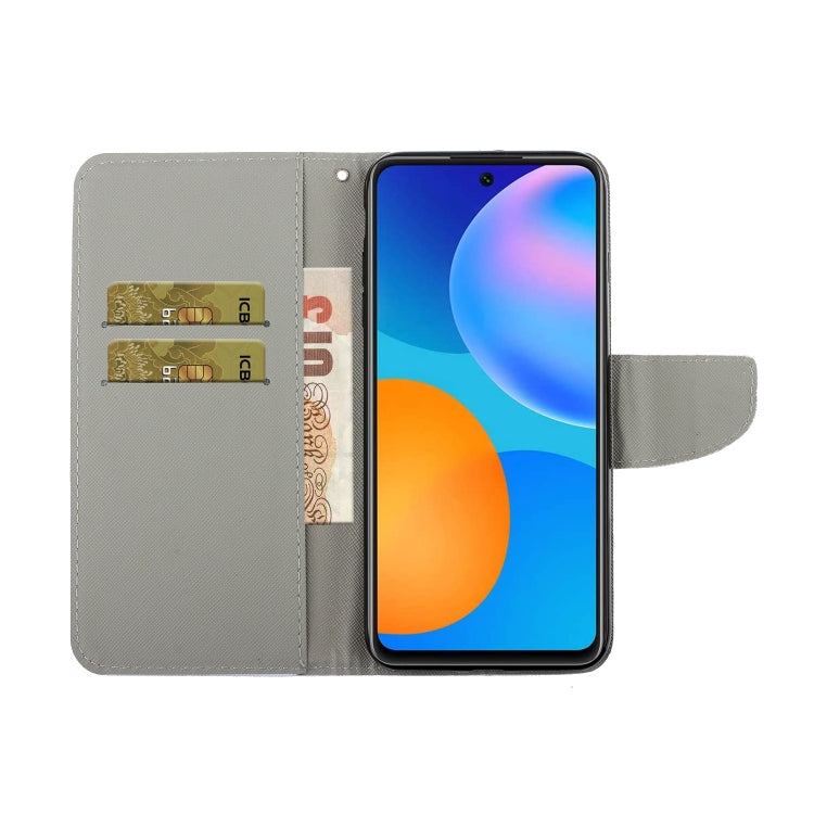 PU leather flip wallet case, gray with card slots and lanyard; phone shows blue/orange screen.