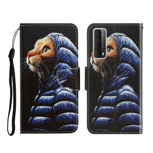 Black flip leather phone case with blue cat illustration, wrist strap, card holder.