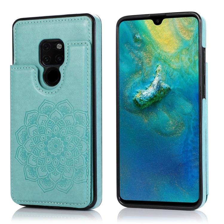 Mandala patterned protective phone case with double buckle, teal PU, embossed floral mandala
