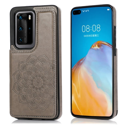 Taupe mandala wallet phone case with double buckle, shown front and back