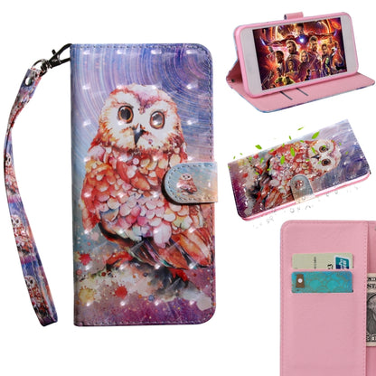 Owl print flip phone case with fold-out stand and side card slot window.