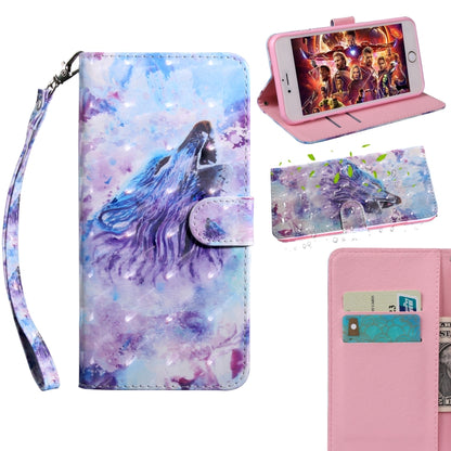 Wolf 3D painted flip phone wallet case with lanyard, card slots, and viewing stand