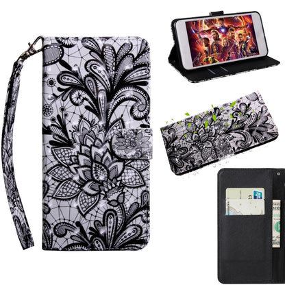 Phone wallet case with black-and-white floral print, flip stand, card slots, wrist strap.
