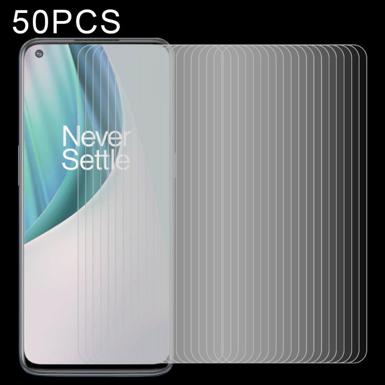 50-pack tempered glass screen protectors layered on a phone front