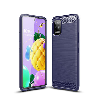 Navy blue carbon fiber-style TPU phone case with textured back and raised camera bezel