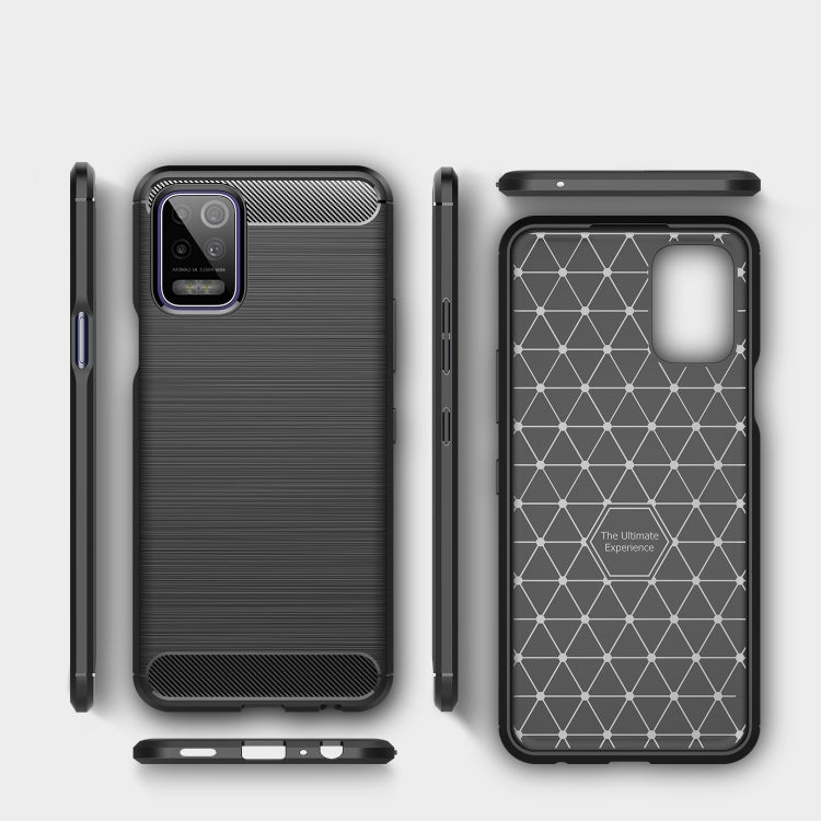 Black carbon fiber-style TPU phone case with textured back, cutouts, and side buttons