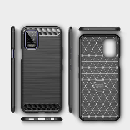 Black carbon fiber-style TPU phone case with textured back, cutouts, and side buttons