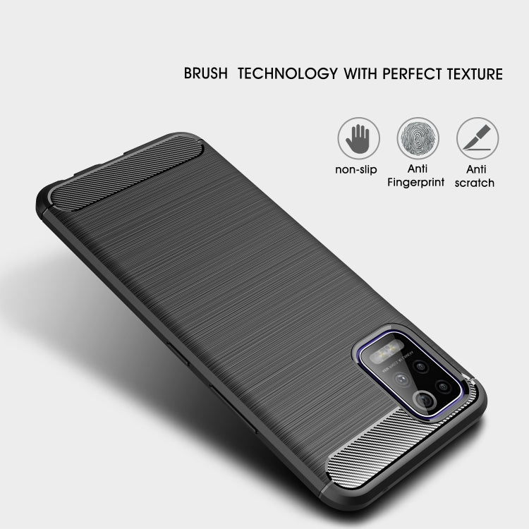 Black textured TPU phone case with brushed carbon fiber look and camera corner frame
