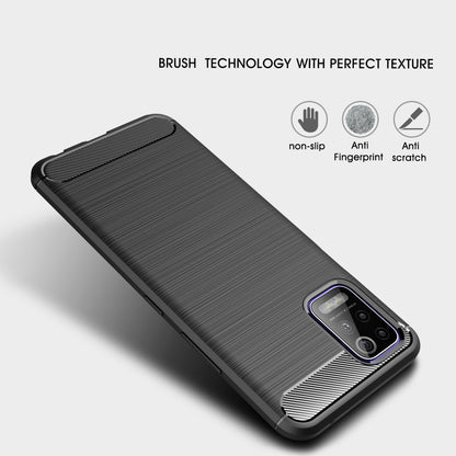Black textured TPU phone case with brushed carbon fiber look and camera corner frame