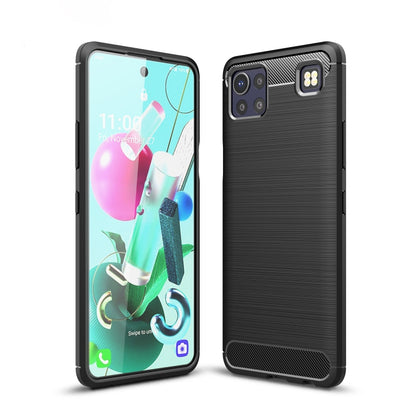 Brushed carbon fiber TPU phone case, black, with camera cutout and raised edges.