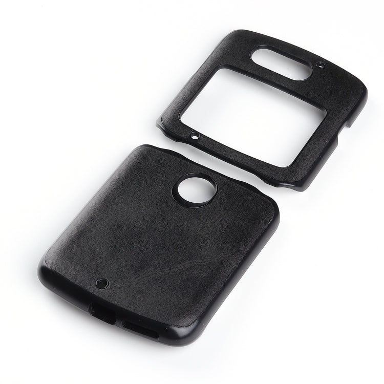 Two-tone leather phone case for Motorola Razr 5G, black with cutouts for camera and ports.