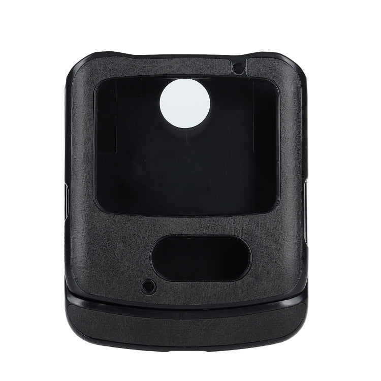 Black leather phone case with raised edges and camera cutout for Motorola Razr 5G.