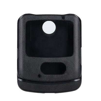 Black leather phone case with raised edges and camera cutout for Motorola Razr 5G.