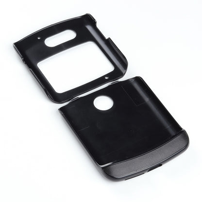 Black leather phone case with camera and speaker cutouts, two-piece protective design.