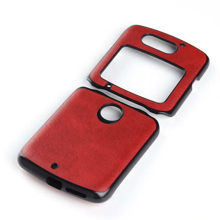 Two-tone leather phone case for Motorola Razr 5G, red back with camera and port openings.