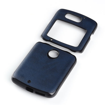 Two-tone leather phone case for Motorola Razr 5G, blue back with camera cutout and holes.