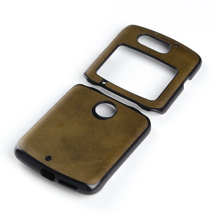 Two-tone leather phone case for Motorola Razr 5G, brown back with camera and port cutouts.