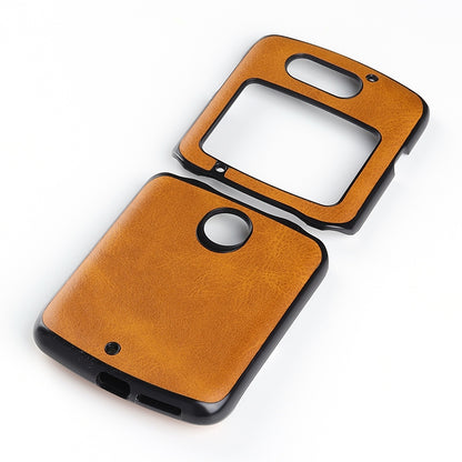 Two-tone leather phone case for Motorola Razr 5G, tan leather back with camera opening.