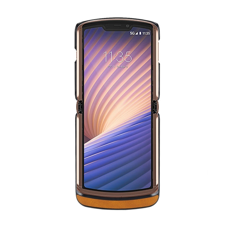 Tan leather case fitted to Motorola Razr 5G, showing front screen with camera opening.