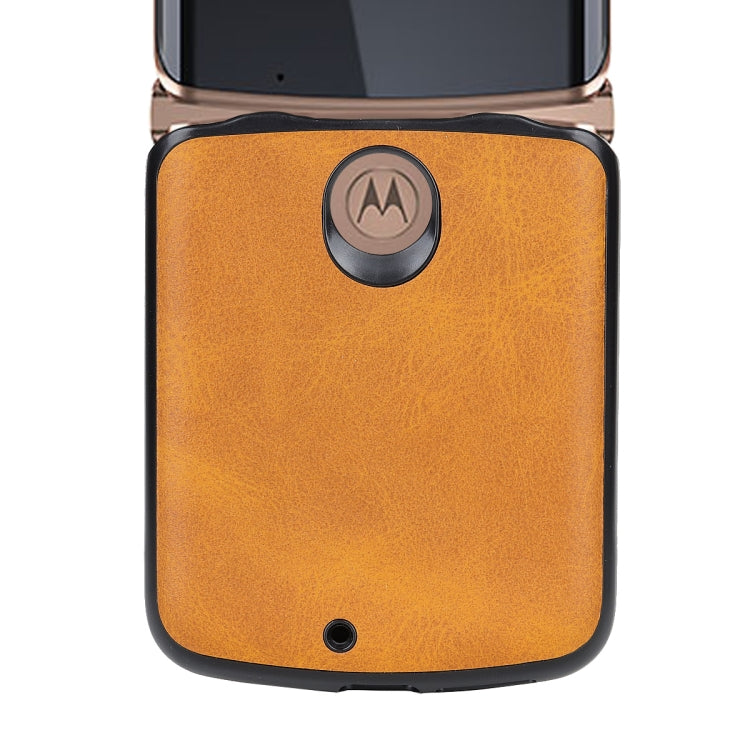 Tan leather phone case for Motorola Razr 5G with Motorola logo, camera and port openings.