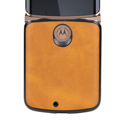 Tan leather phone case for Motorola Razr 5G with Motorola logo, camera and port openings.