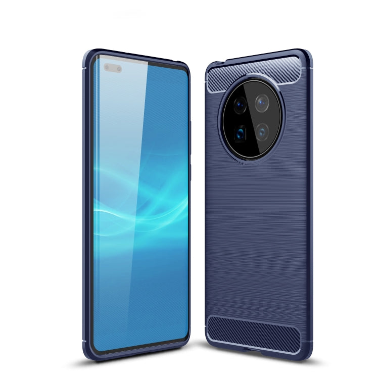 Navy blue brushed texture TPU phone case with camera cutout, front and back views.