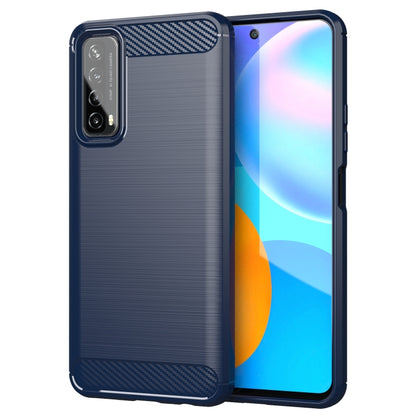 Navy blue brushed texture TPU phone case back with triple-camera cutout.