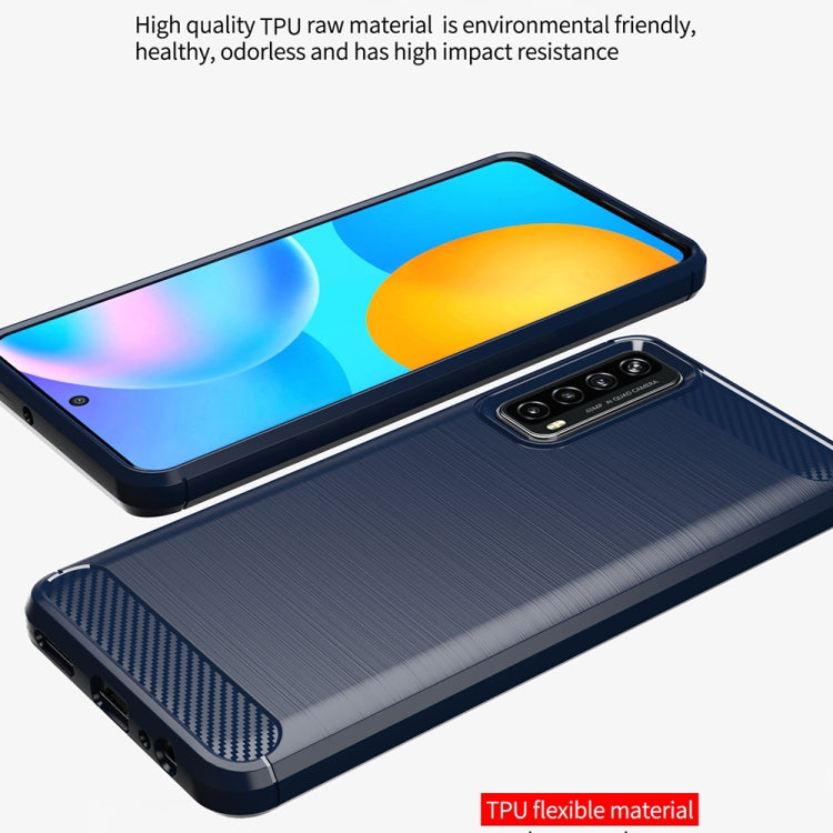 Blue brushed TPU phone case with carbon-fiber textured edges and camera opening