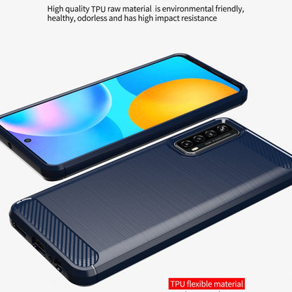 Blue brushed TPU phone case with carbon-fiber textured edges and camera opening