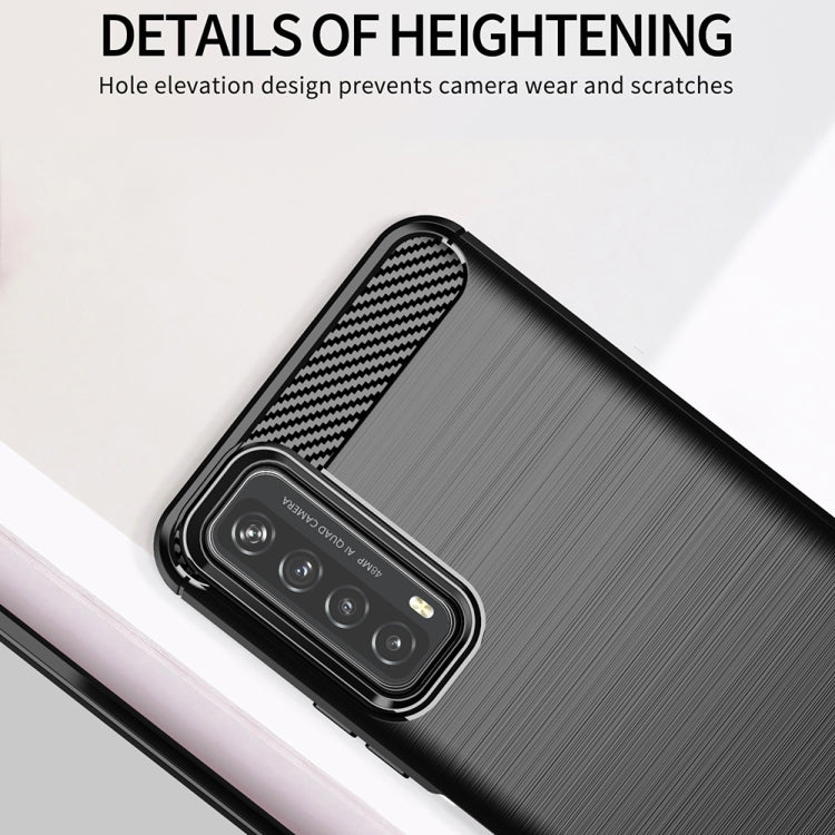 Black brushed TPU phone case with carbon-fiber top strip around camera