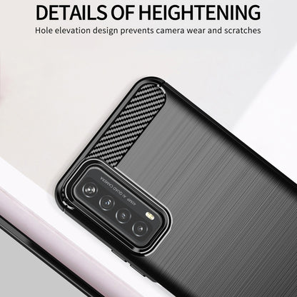Black brushed TPU phone case with carbon-fiber top strip around camera