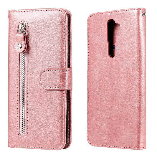 Rose gold leather flip phone case with vertical zipper pocket and wrist strap loop