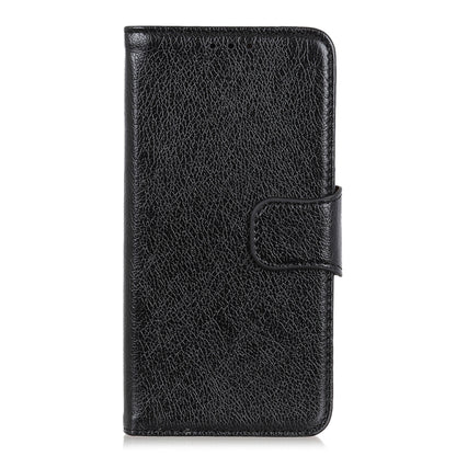 Black nappa-texture leather flip case with front strap and integrated phone holder