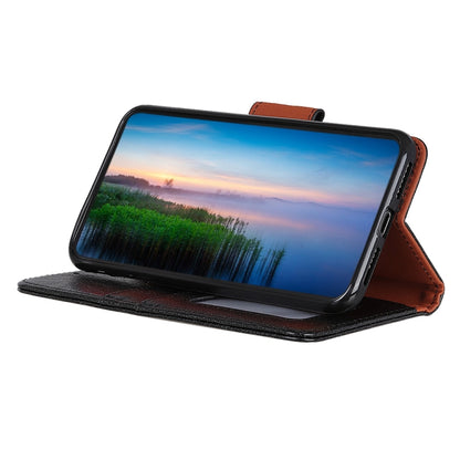 Orange-lined nappa-texture leather flip phone case with stand for landscape viewing