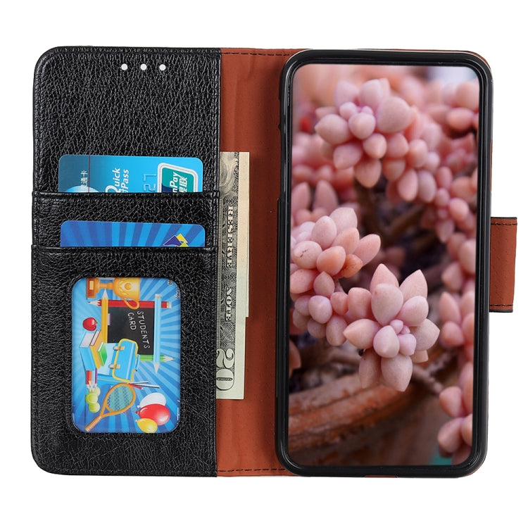 Black nappa-texture leather flip case with card slots and inner orange lining