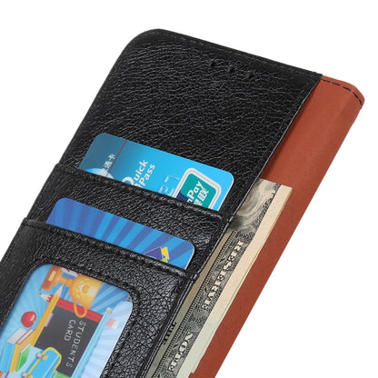 Black nappa-texture leather card slot wallet with orange inner backing