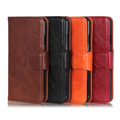Horizontal flip leather phone case wallet, card slots; brown, black, orange, red.