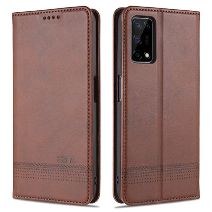 Brown leather flip phone case with magnetic closure, card slots, and camera cutout