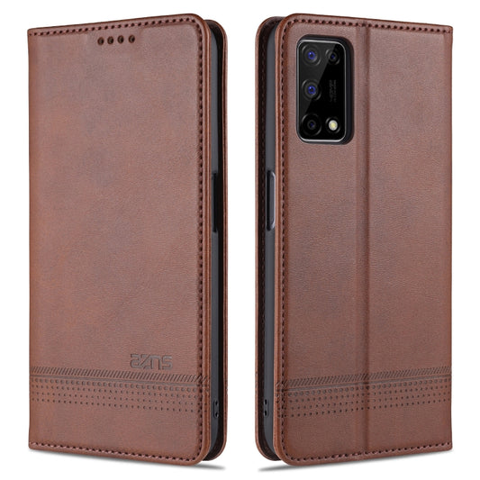 Brown leather flip phone case with magnetic closure, card slots, and camera cutout