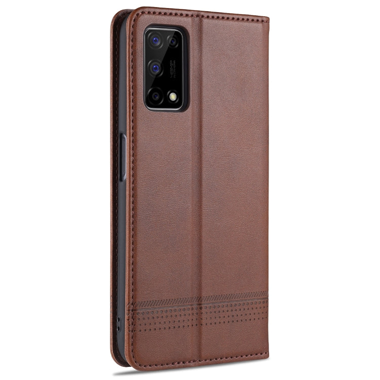 Brown leather flip phone case with camera cutout and textured side edges