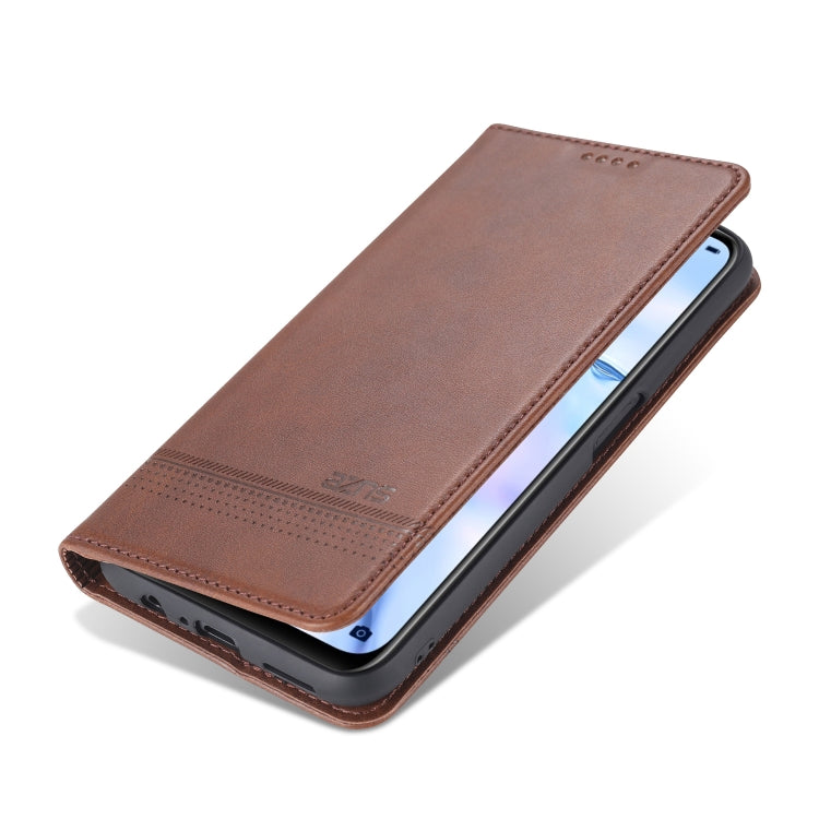 Brown leather flip phone case with magnetic closure, wallet fold, and phone screen window