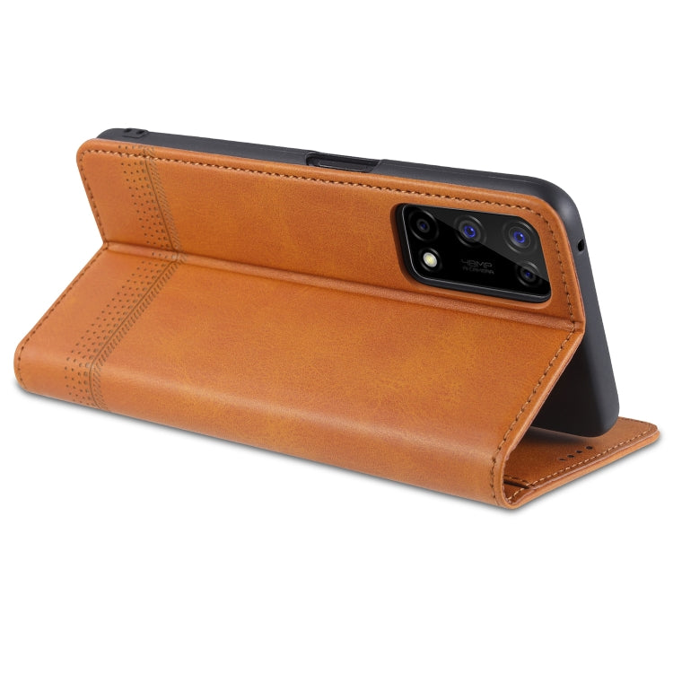 Orange-brown leather flip wallet phone case with card slots, standing cover, and camera cutout