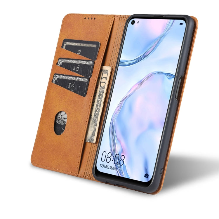 Orange-brown leather flip wallet phone case with card slots and open back cover