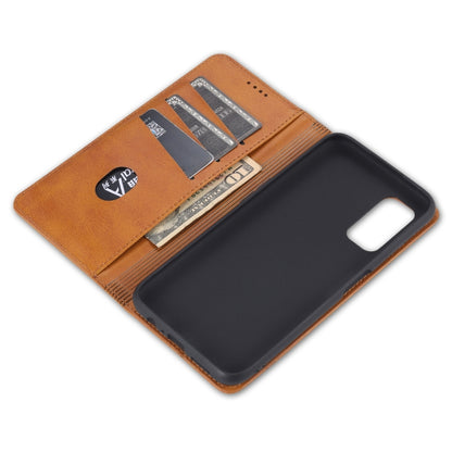 Orange-brown leather wallet flip case with card slots and open phone back cover