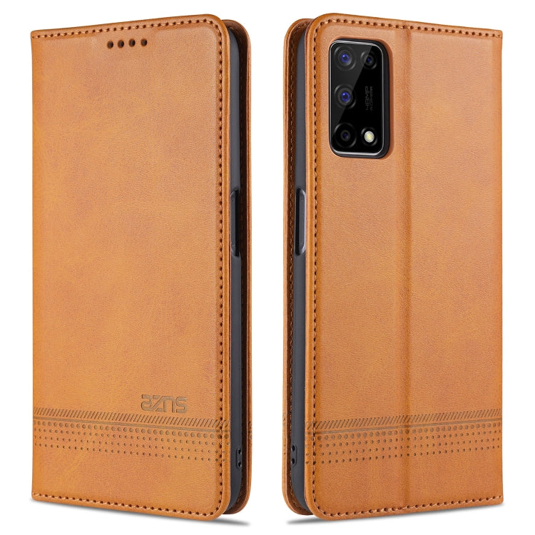 Orange-brown leather flip phone case with magnetic closure and camera cutout