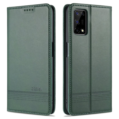 Dark green flip leather phone case with stitched edges and rectangular camera cutout