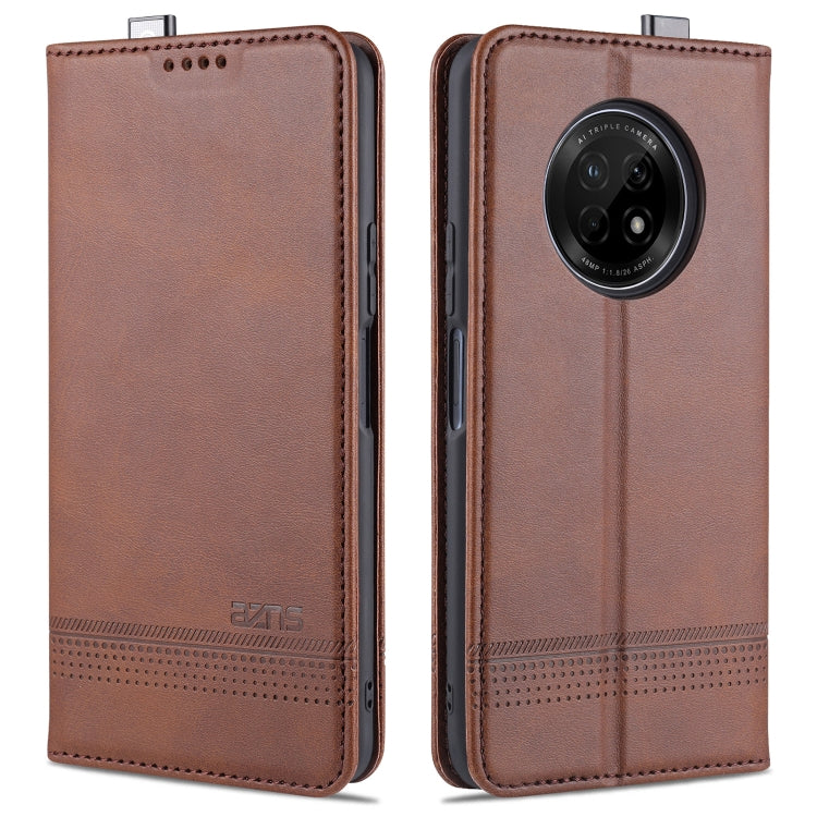 Brown flip leather phone case with stitched edges and circular camera window