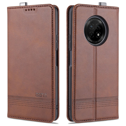 Brown flip leather phone case with stitched edges and circular camera window