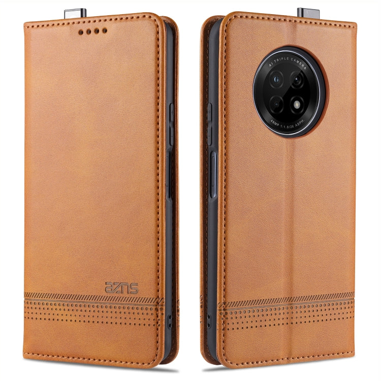 Tan flip leather phone case with stitched edges and circular camera window
